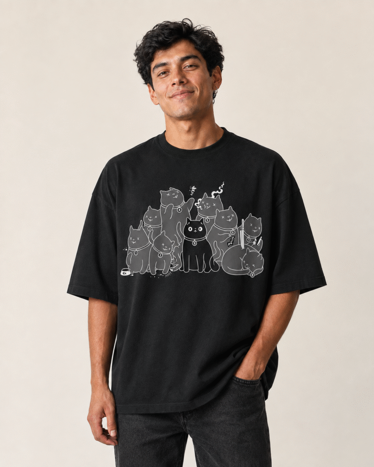 Nueve Vidas - remera unisex, ejemplo calce Oversize