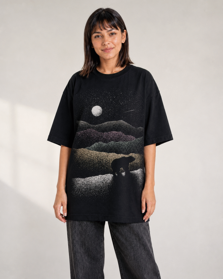 Oso Nocturno - remera unisex, ejemplo calce Oversize